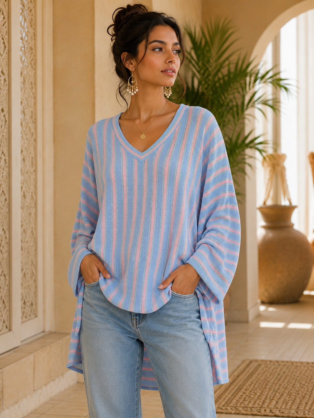 Emily Striped Fine Knit Top with Hi Lo Hemline - (Oversized/Curvy - fits Size 16 to Size 20) - Blue/Pink