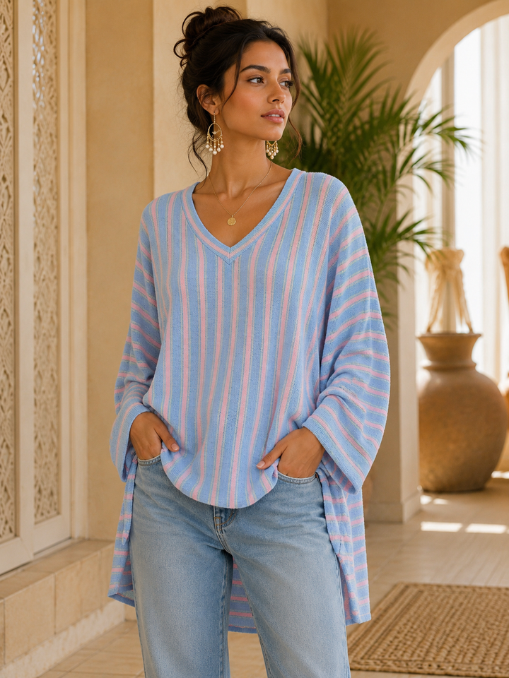 Emily Striped Fine Knit Top with Hi Lo Hemline - (Oversized/Curvy - fits Size 16 to Size 20) - Blue/Pink