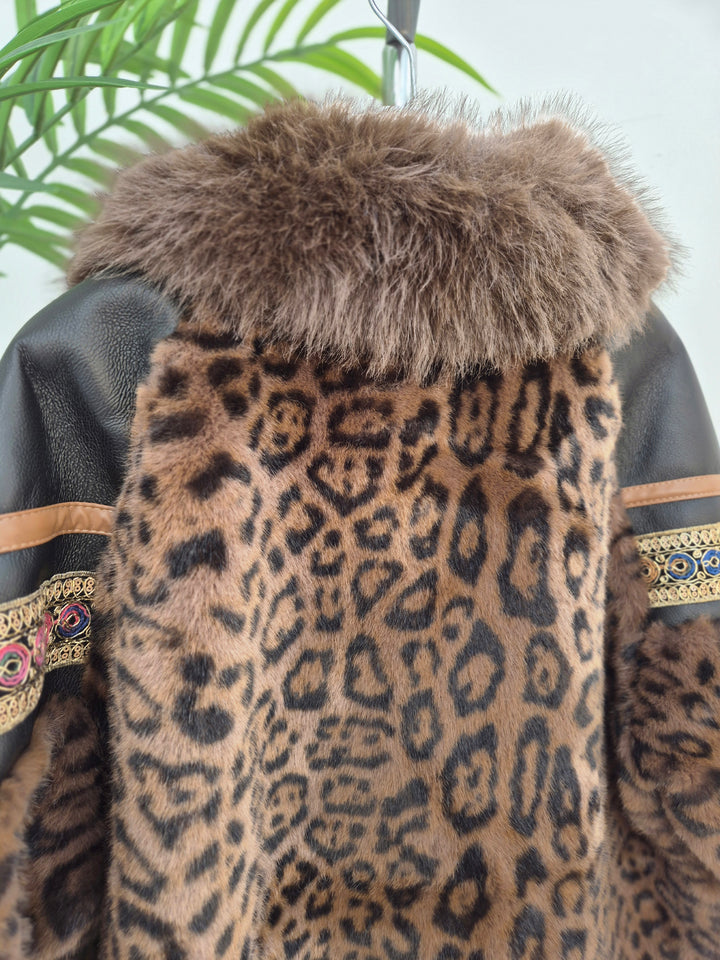 Oslo Faux Fur/Faux Leather Jacket - Chocolate Leopard - (Oversized fits Size 12/14 to Size 18/20/20)