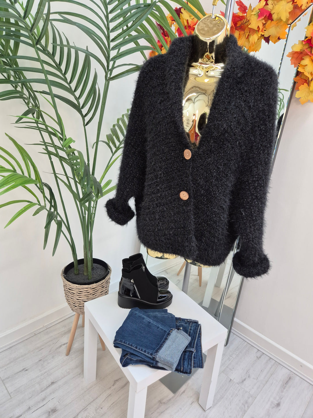 Finley Fluffy Cardigan  - Black (One Size - fits up to Size 14/16)