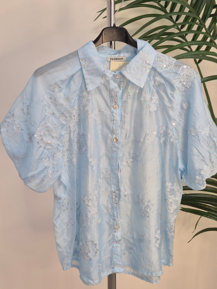 Patsy Puffball Sleeve Sparkly Blouse (One Size, fits from Size 10/12 up to Size 16) - Blue