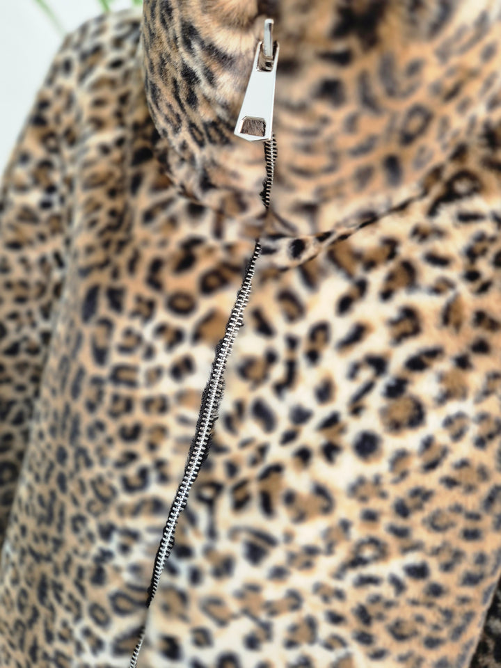 Oslo Faux Fur Jacket with Funnel Collar & Zip Fronted (One Size - fits from 10 up to Size 16) - Leopard