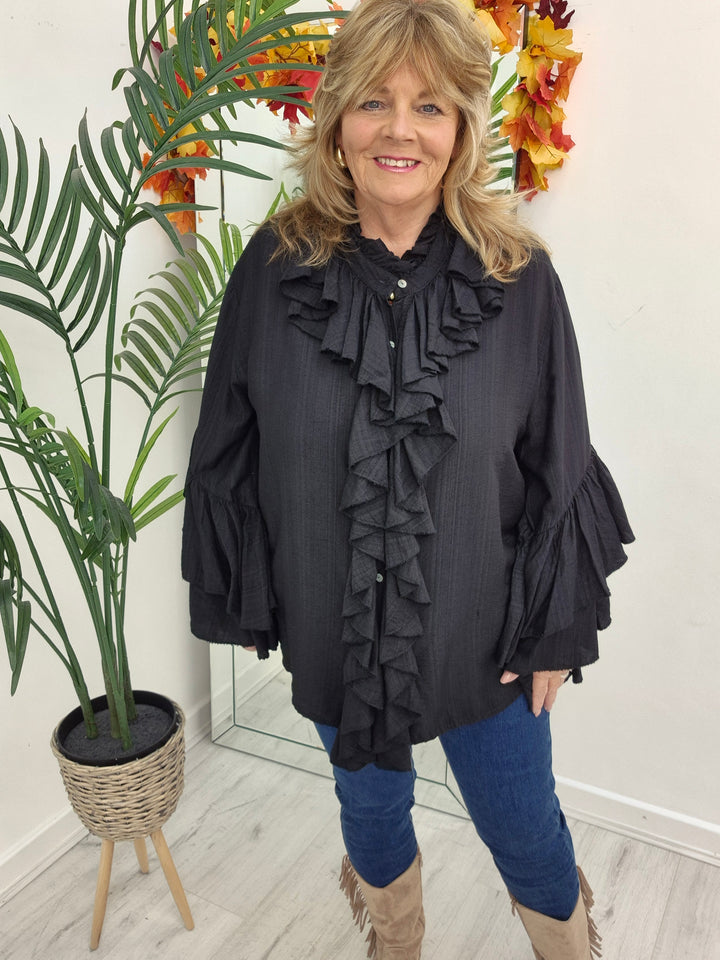 Rhea Ruffle Blouse - (One Size, fits from Size 14 up to Size 18/20) - Black