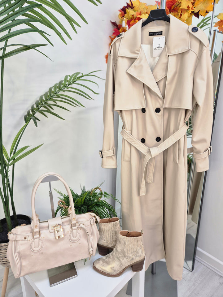 Sandringham PU Longline Trench Coat - Beige (One Size fits Size 10 up to Size 16)