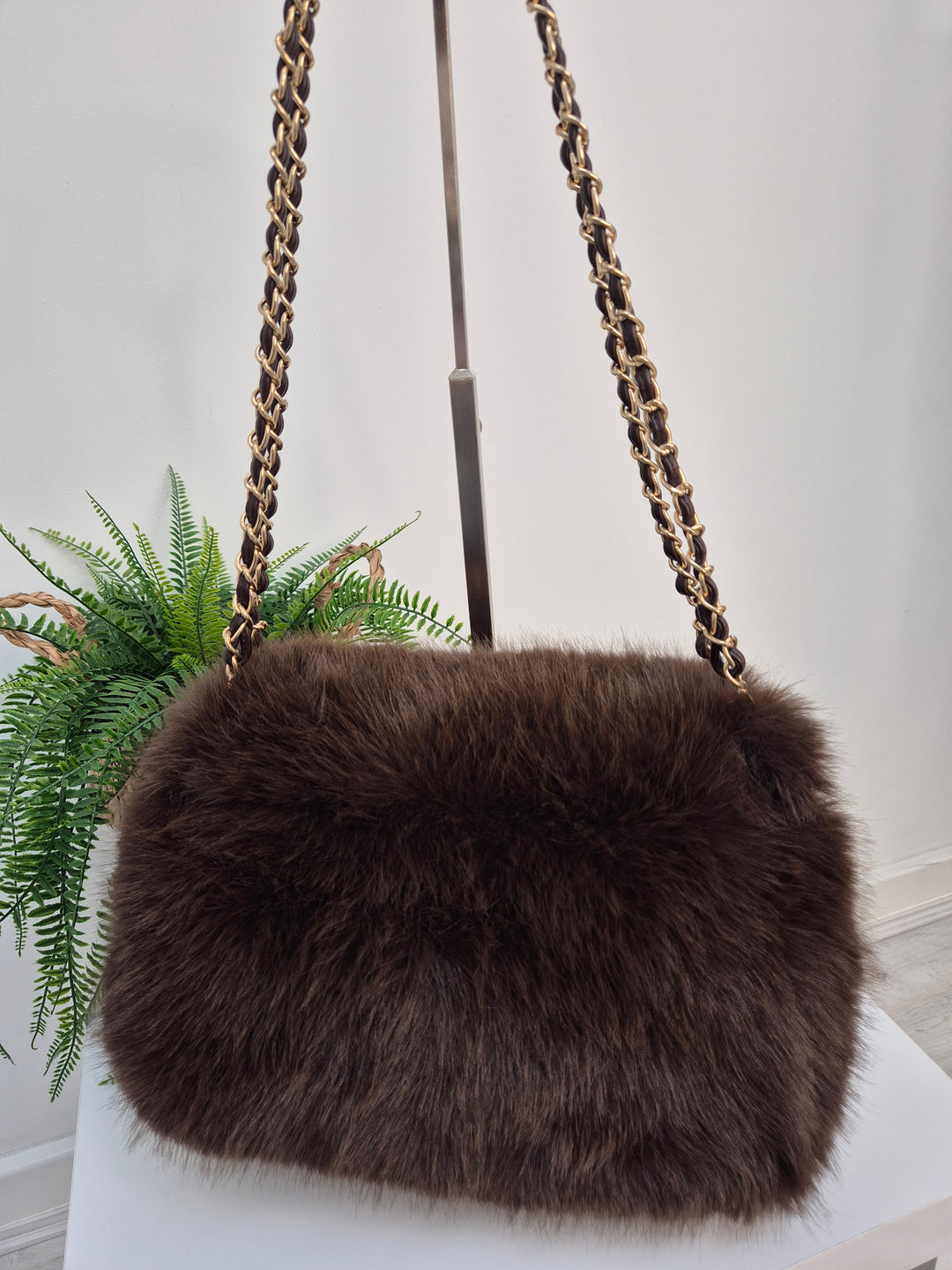 Oslo Faux Fur Bag with Gold Chain Link Dual Handles - Chocolate