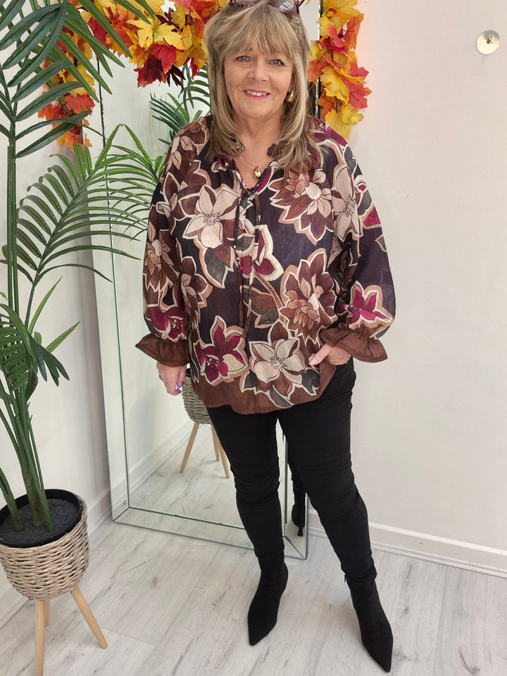 Floral Autumn Blouse - Black/Wine/Chocolate (fits from Size 12/14 to Size 18/20)