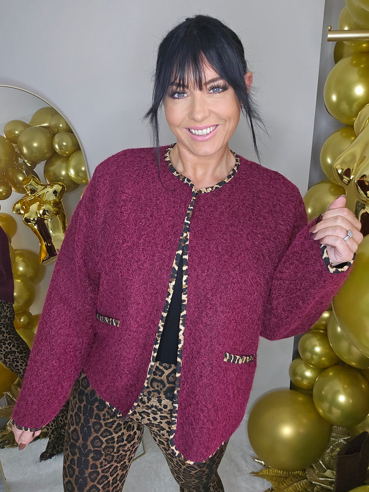 Kiara Edge to Edge Jacket with Leopard Trim (One Size fits from Size 8 to Size 16) - Wine