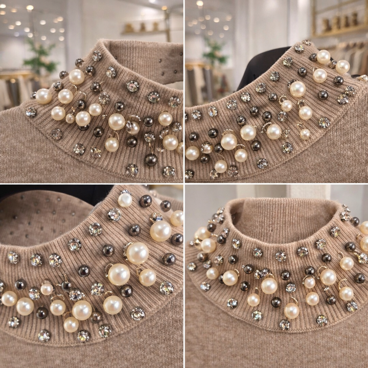 Crystal & Pearl High Neck Jumper - Natural (One Size fitting from Size 12 to Size 16)