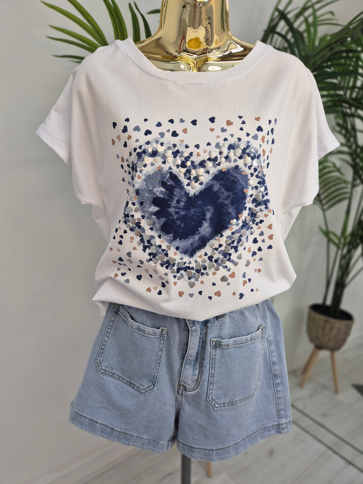 Blue Hearts Tee Shirt - White/Blue/Gold