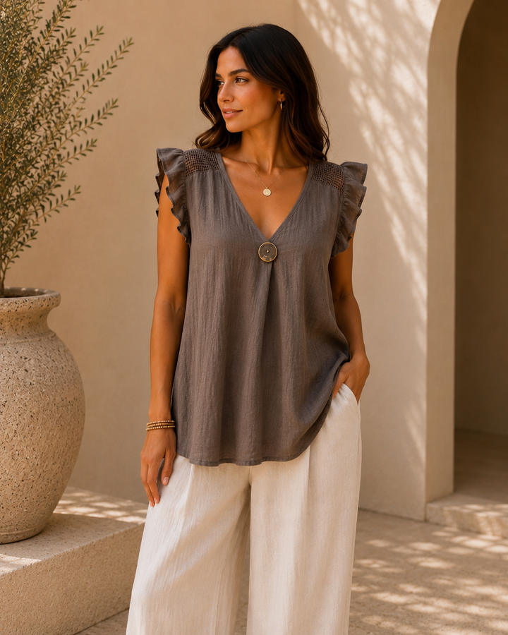 Tuscany Frilled Top with Mesh Shoulders (One Size, fits up to Size 16) - Chocolate