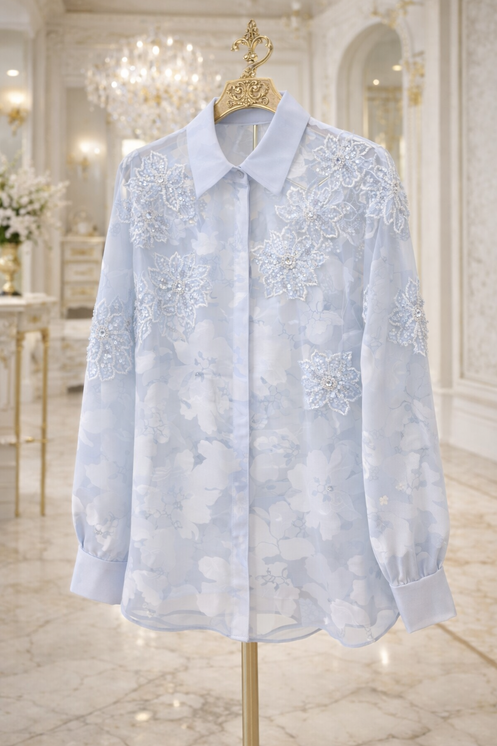 Valencia Ornate Blouse with Crystals & 3D Applique Sparkle - Blue (One Size, fits from Size 12 up to Size 16/Small Busted Size 18)
