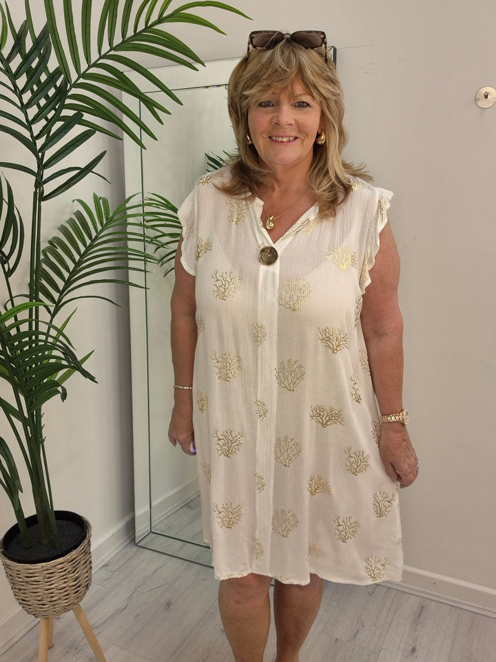 Ibiza Tree of Life Frilled Sleeve Dress - White/Gold - (Loose Fit)