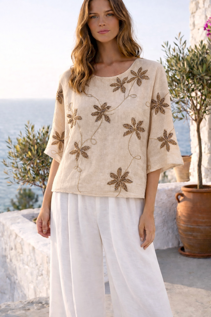 Floral Shimmer Embroidery Metallic Gold Top - One Size/Curvy from Size 12/14 up to Size 18) - (choose your Colour)