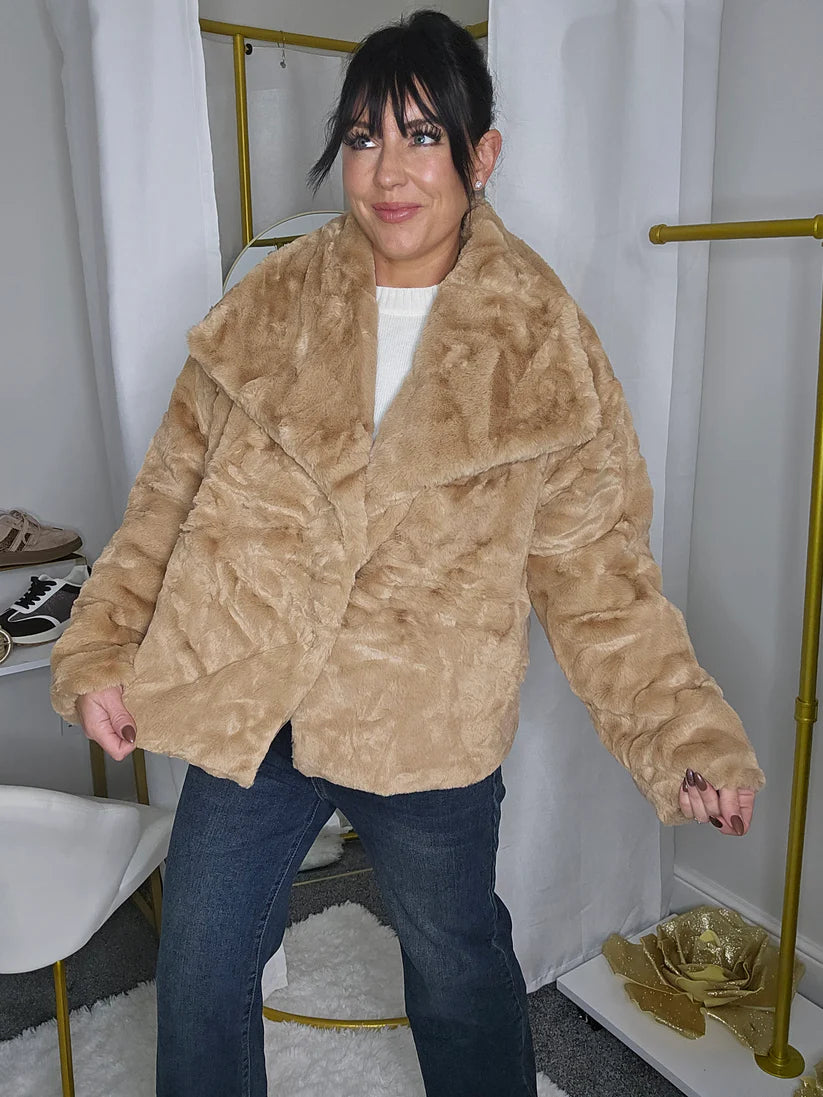 Oslo Faux Fur Medium Length Coat - Camel (One Size - fits from Size 10/12 up to Size 16/18)