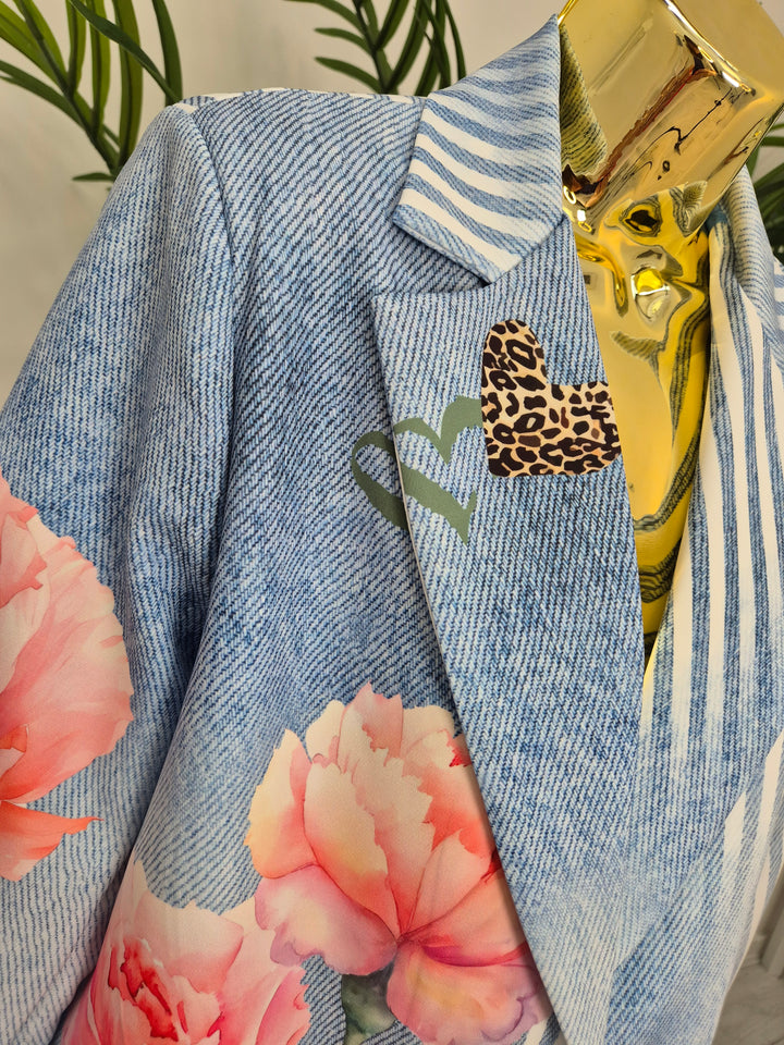 Pin Stripe Floral Blazer - Blue/White