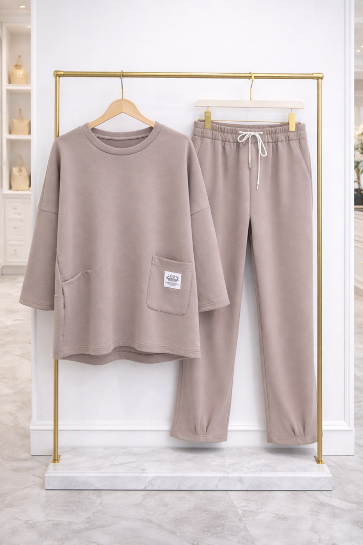 Jenna Co-ord Two Piece Set - Taupe - (One Size fitting up to Size 16)