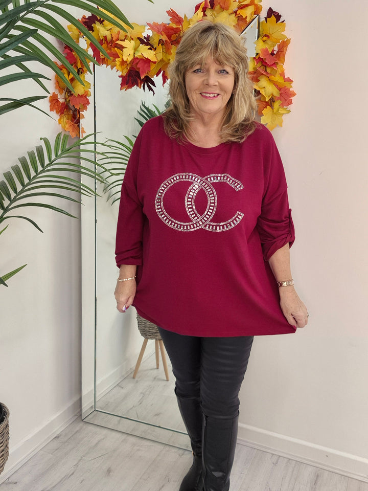 Coco Crystal & Diamante Oversized Hi Low Tops - Wine (fits from Size 14 up to Size 18/20)