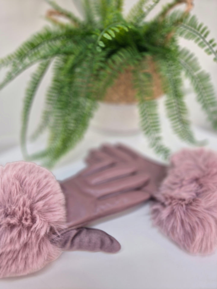 Oslo Gloves with Faux Leather & Faux Fur - Dusky Pink