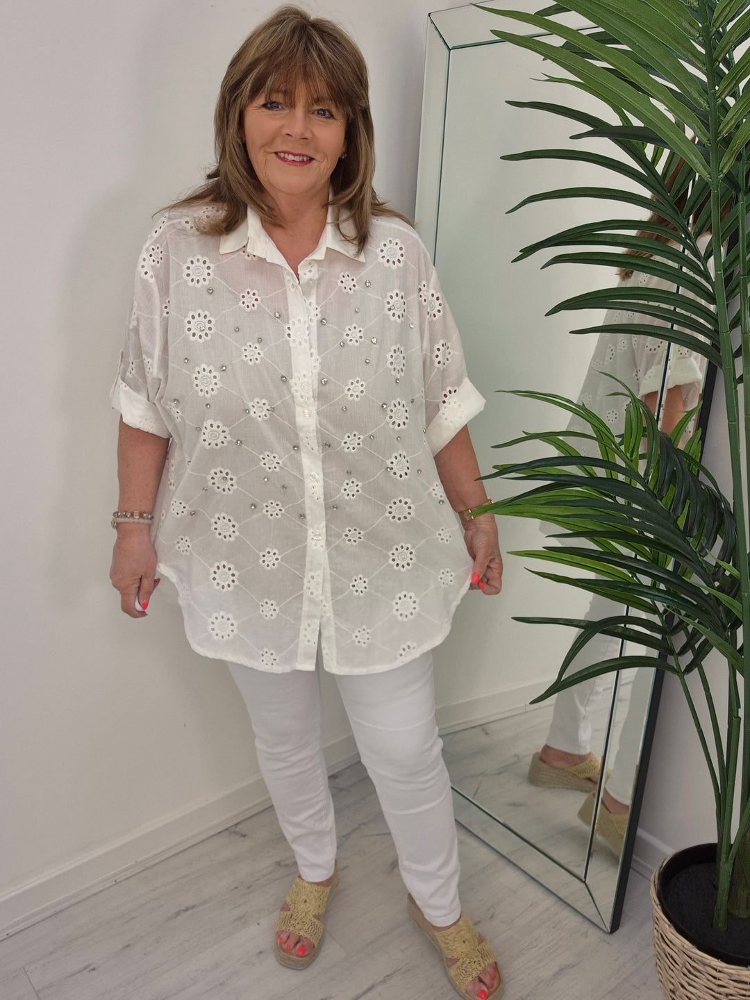 Zeta Otto Broderie Anglaise Blouse with Crystals - White (Oversized)