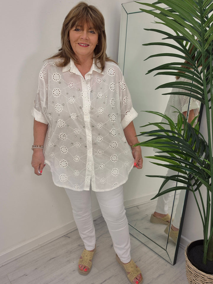 Zeta Otto Broderie Anglaise Blouse with Crystals - White (Oversized)