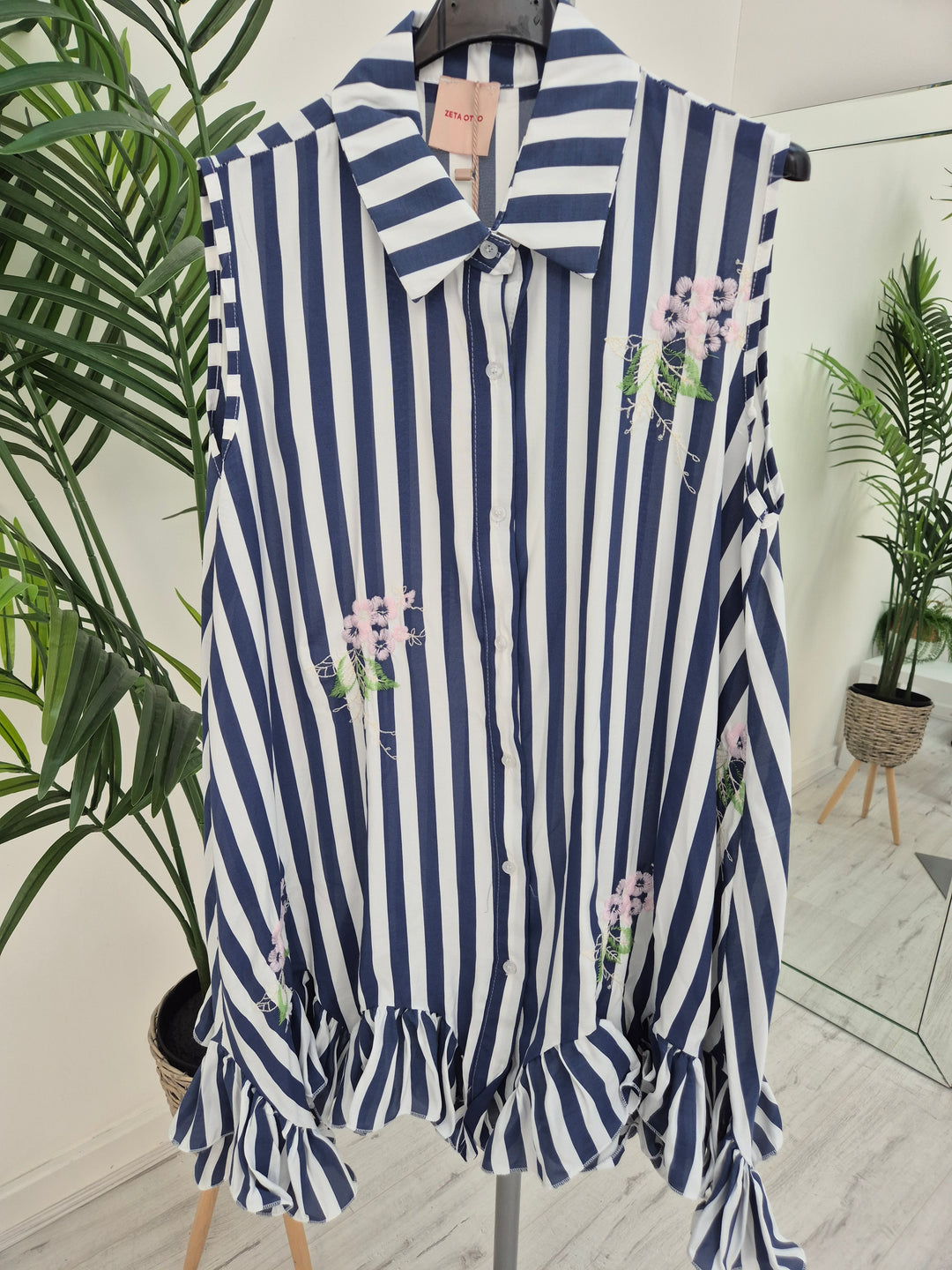 Seville Sleeveless Frilled Hem Dress - (One Size, fitting up to Size 16) - Floral Navy Blue/White Stripes