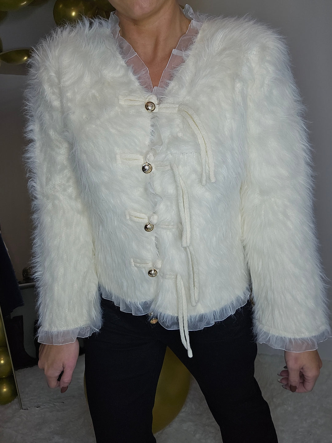 Oslo Fluffy Baroque Buttoned Cardigan - Cream (One Size, fitting from Size 10 up to Size 16)