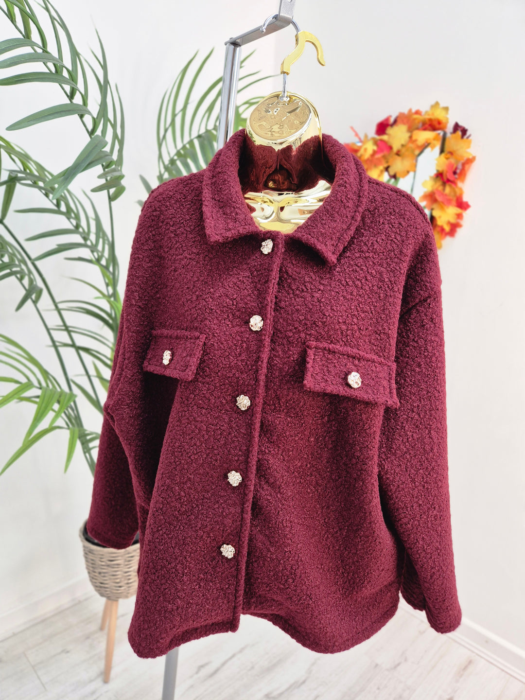 Betty Boucle Jacket with Gold Buttons - Wine (One Size/Curvy - fits Size 12 to Size 18)