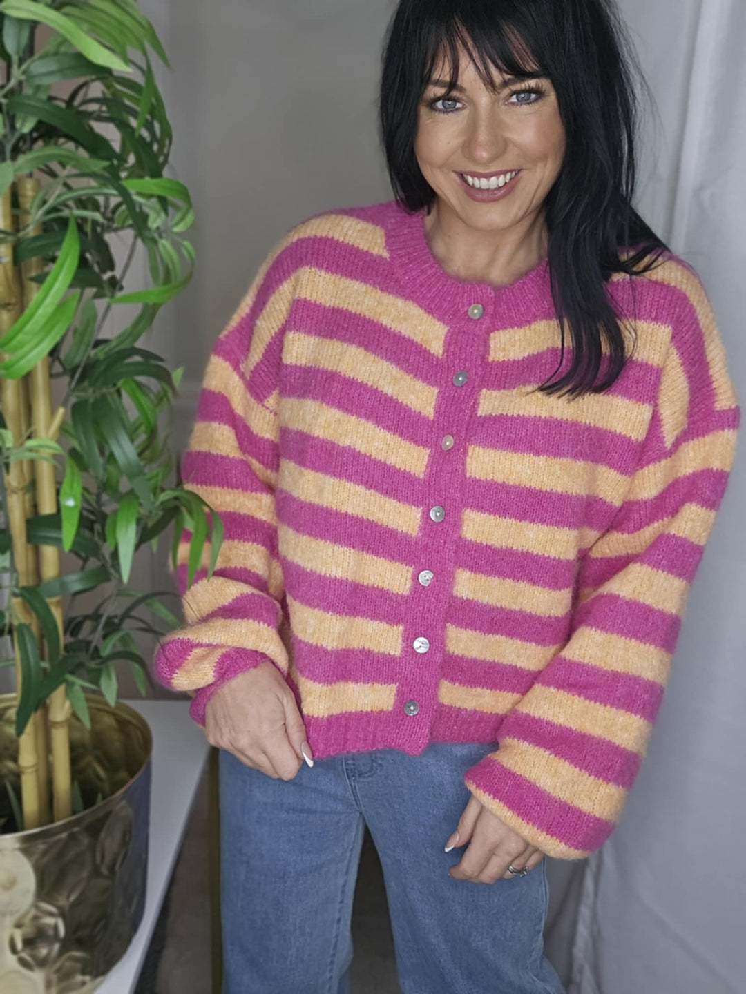 Amelia Striped Cosy Cardigan (One Size from Size 8 up to Size 16) - Tangerine/Hot Pink