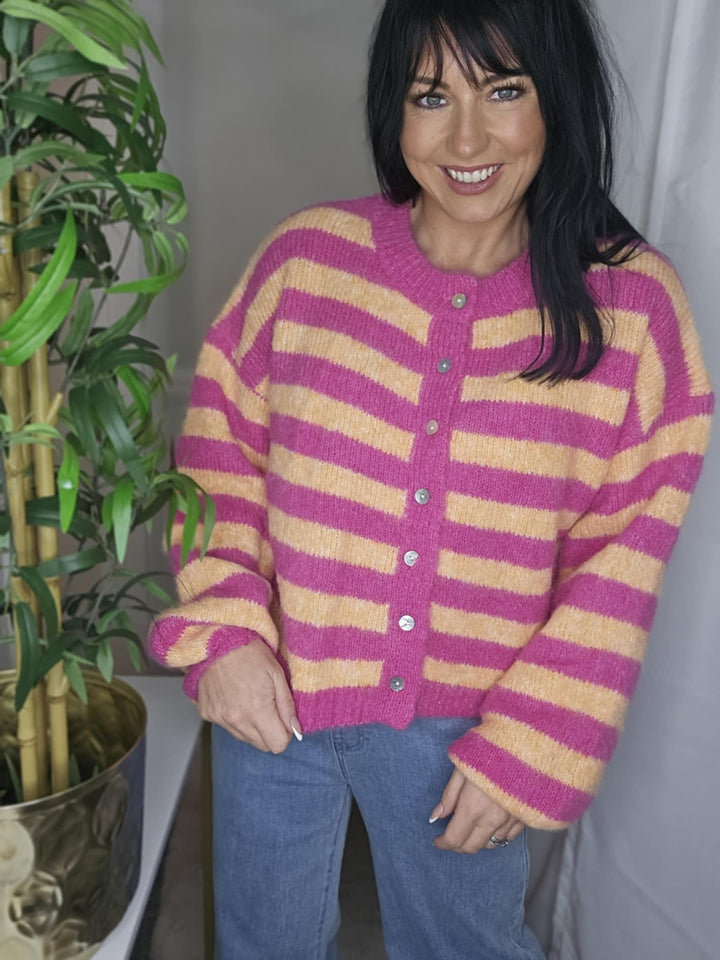 Amelia Striped Cosy Cardigan (One Size from Size 8 up to Size 16) - Tangerine/Hot Pink