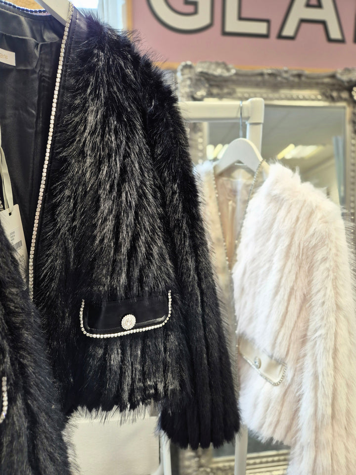 Oslo Crystal Faux Fur Jacket - Black - (One Size fits from Size 10 to Size 16)