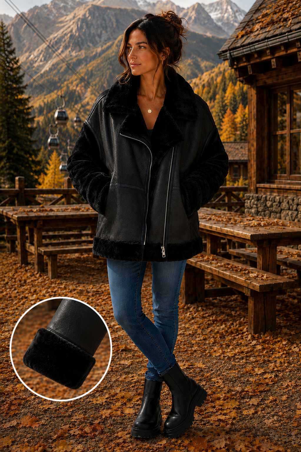 Oslo Aviator Jacket in Faux Fur/Faux Leather - Black (choose your Size)