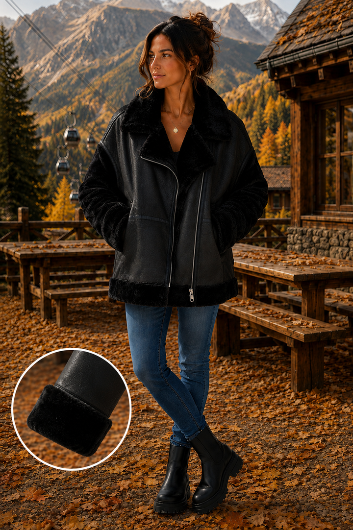 Oslo Aviator Jacket in Faux Fur/Faux Leather - Black (choose your Size)