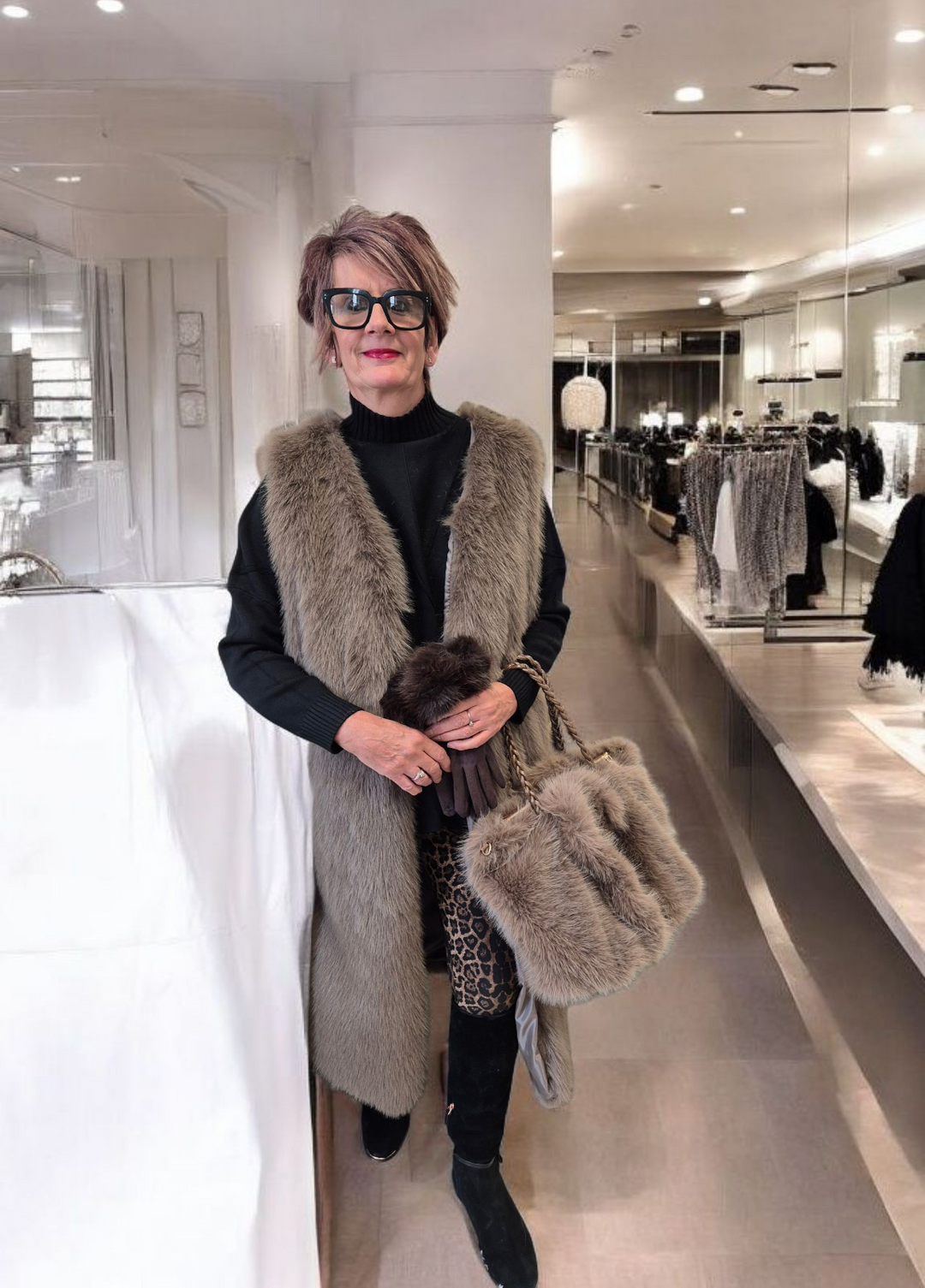 Oslo Faux Fur Longline Gilet - Mocha (One Size - fits from Size 10 up to Size 16)