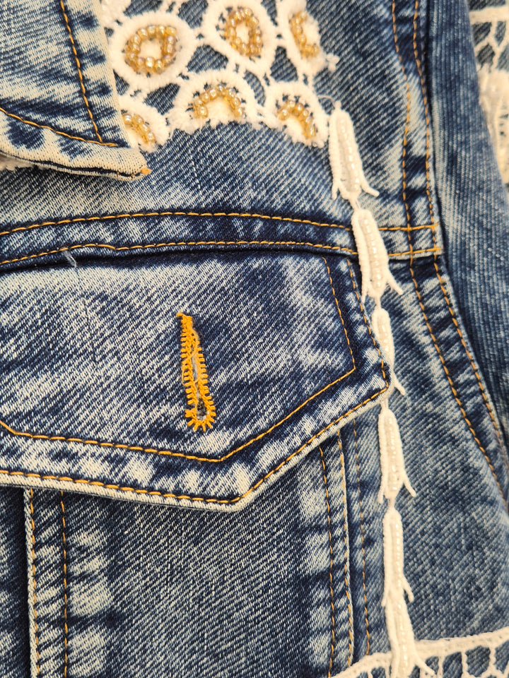 Elle Lace Tassel Denim Jacket - Mid Stonewashed (One Size, fitting from Size 10 up to 14)