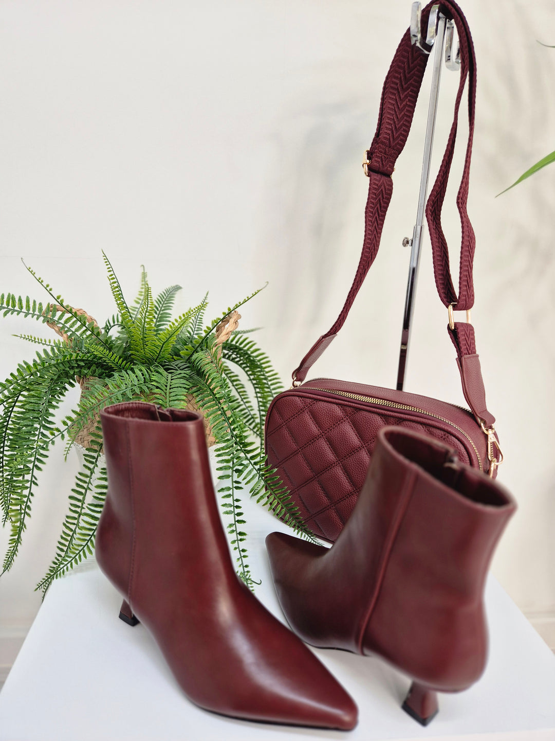 Mayfair Faux Leather Ankle Boots with Low Block Kitten Heel - Wine (choose your Size)