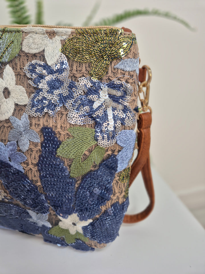 Floral Sequins Clutch Wristlet Bag - Blues