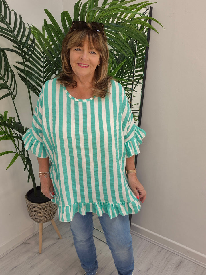 Candy Striped Top with Frilled Sleeves - (choose your Colour) - (Oversized)