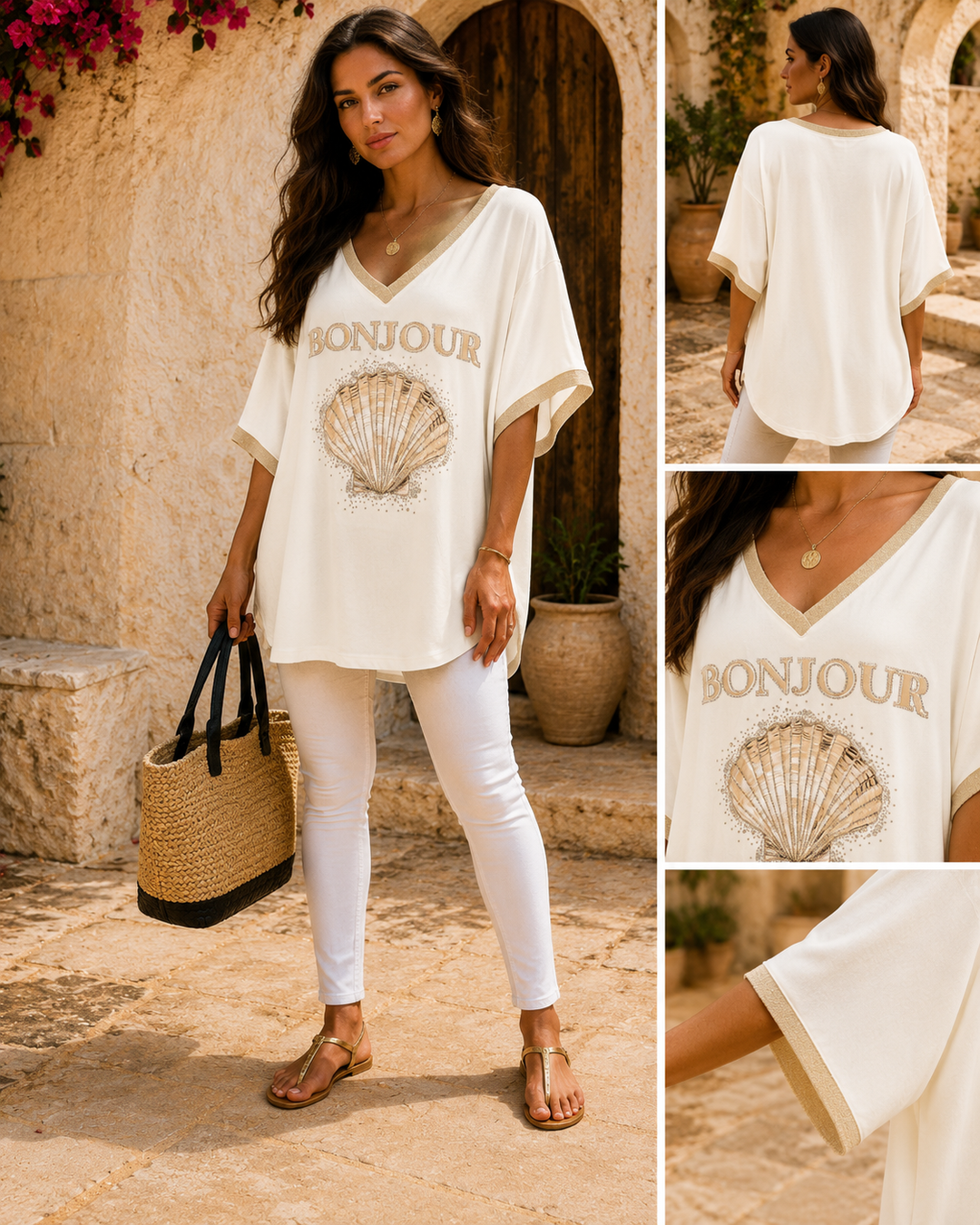 Bonjour Oversized Top with Sparkly Shell - Cream (One Size/Curvy, fits from Size 12 up to Size 16/18)