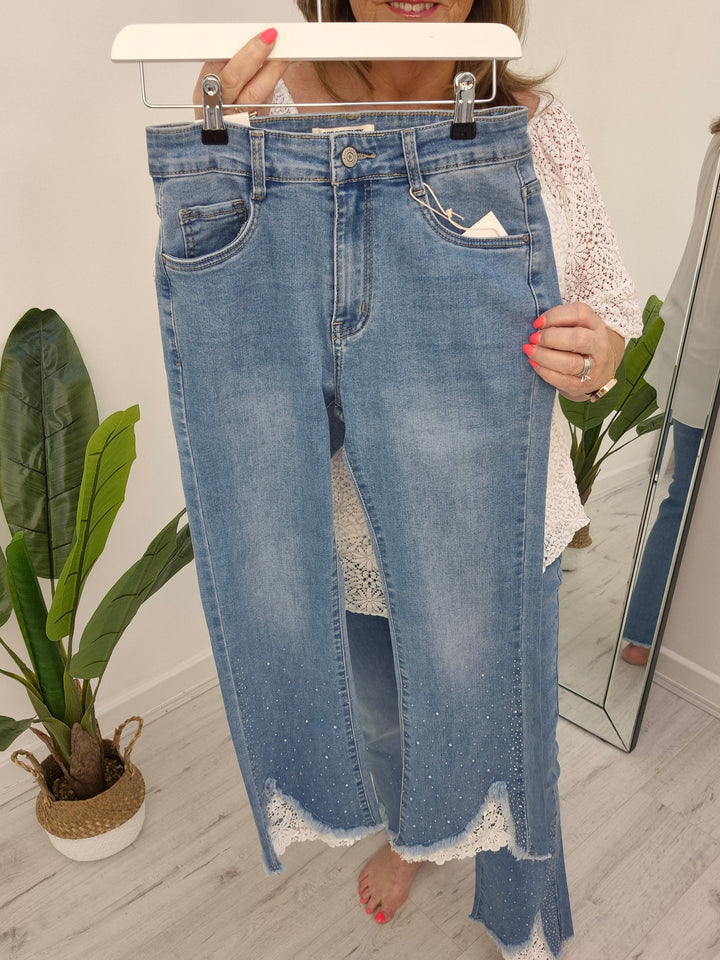 Crystal & Crochet Lace Flare Jeans - (choose your Size)