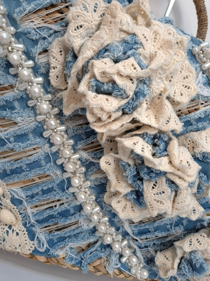 Stonewashed Denim Beach Bag with Pearls and Crystals