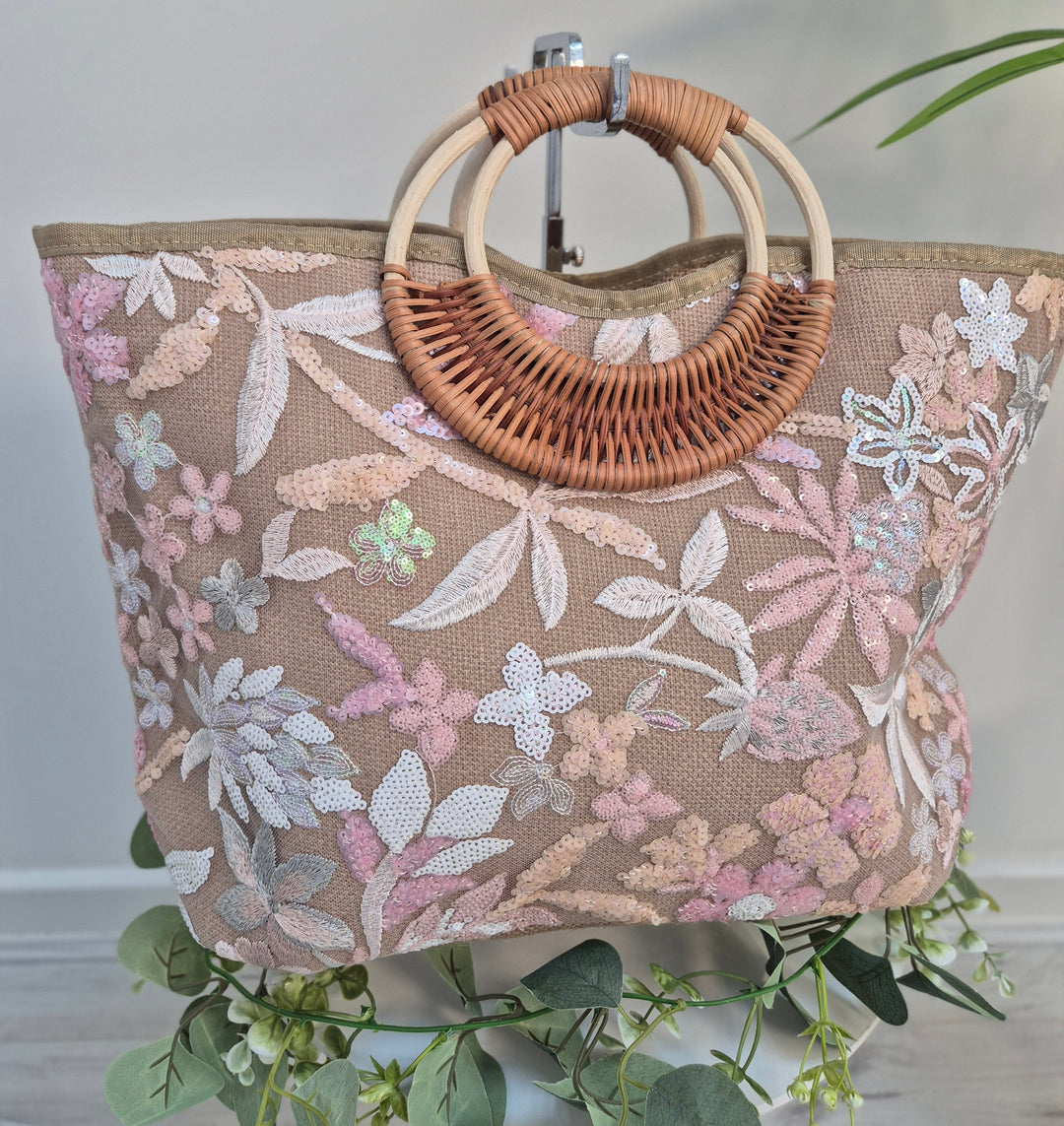 Floral Sequins Bamboo Summer Bag - Pink