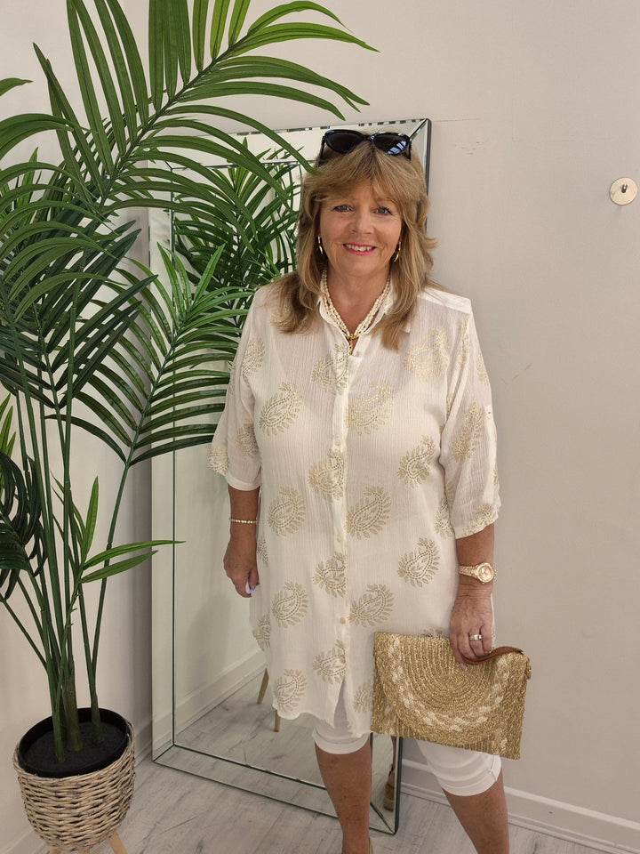 Ibiza Paisley Shirt Dress - White/Gold (Loose Fit)