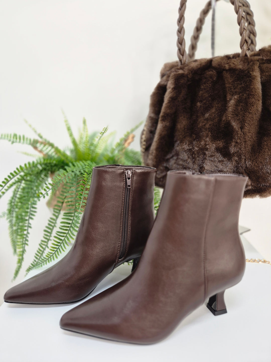 Mayfair Faux Leather Ankle Boots with Low Block Kitten Heel - Chocolate (choose your Size)