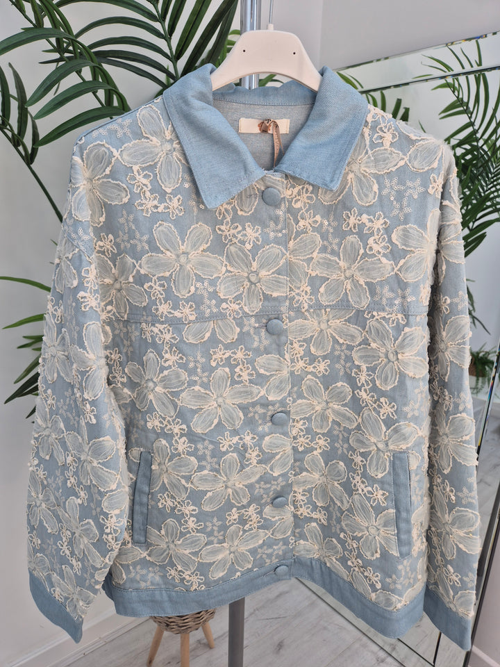 Darcy Denim Jacket - Applique Florals/Gold Metallic (One Size/Curvy, fitting from Size 14 up to 18)