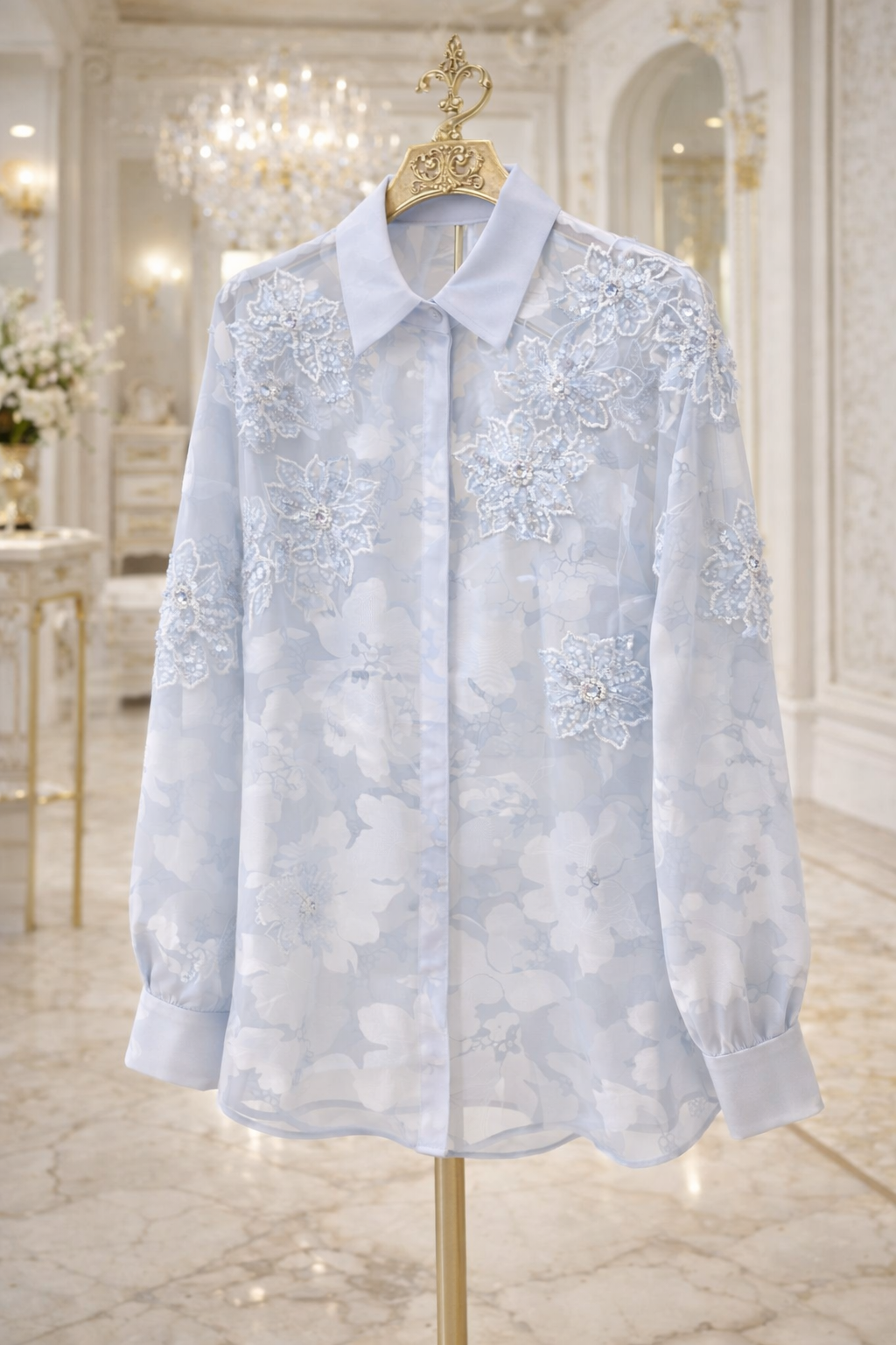 Valencia Ornate Blouse with Crystals & 3D Applique Sparkle - Blue (One Size, fits from Size 12 up to Size 16/Small Busted Size 18)