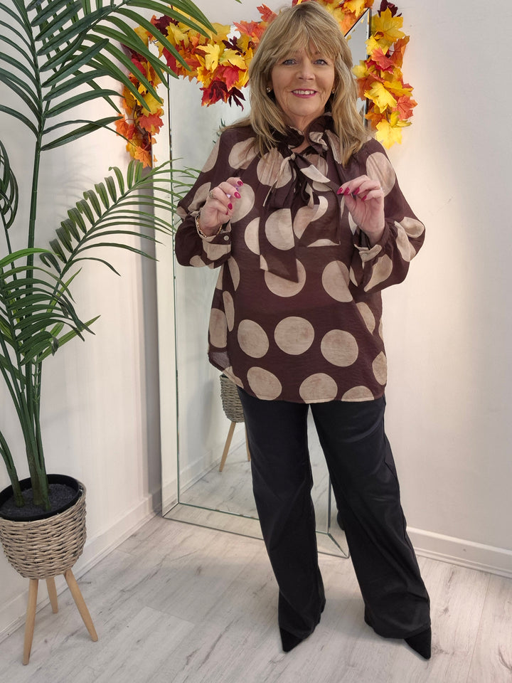 Dotty Oversized Blouse - (One Size/Curvy Size, fits from Size 14/16 to Size 20) - Chocolate