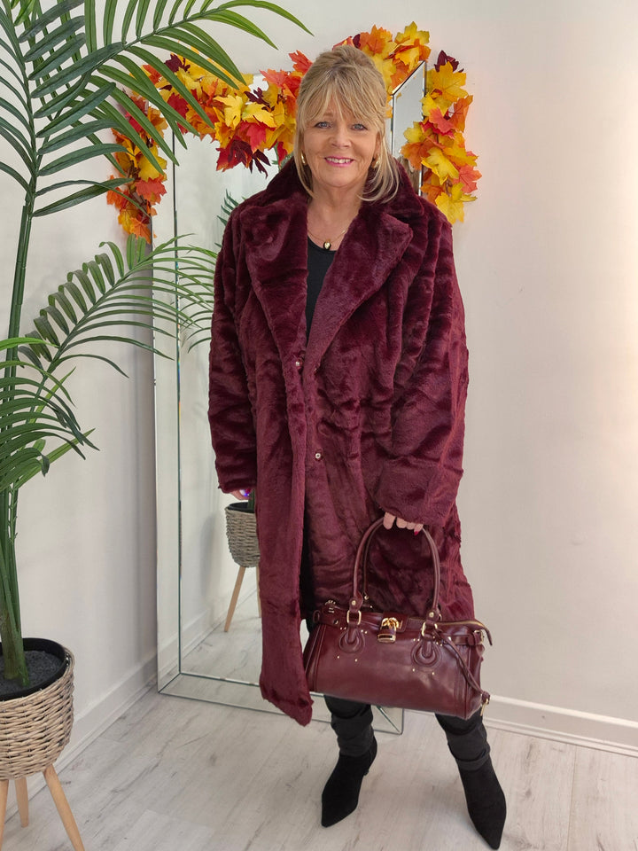 Oslo Faux Fur Longline Coat - Wine (choose your Size)