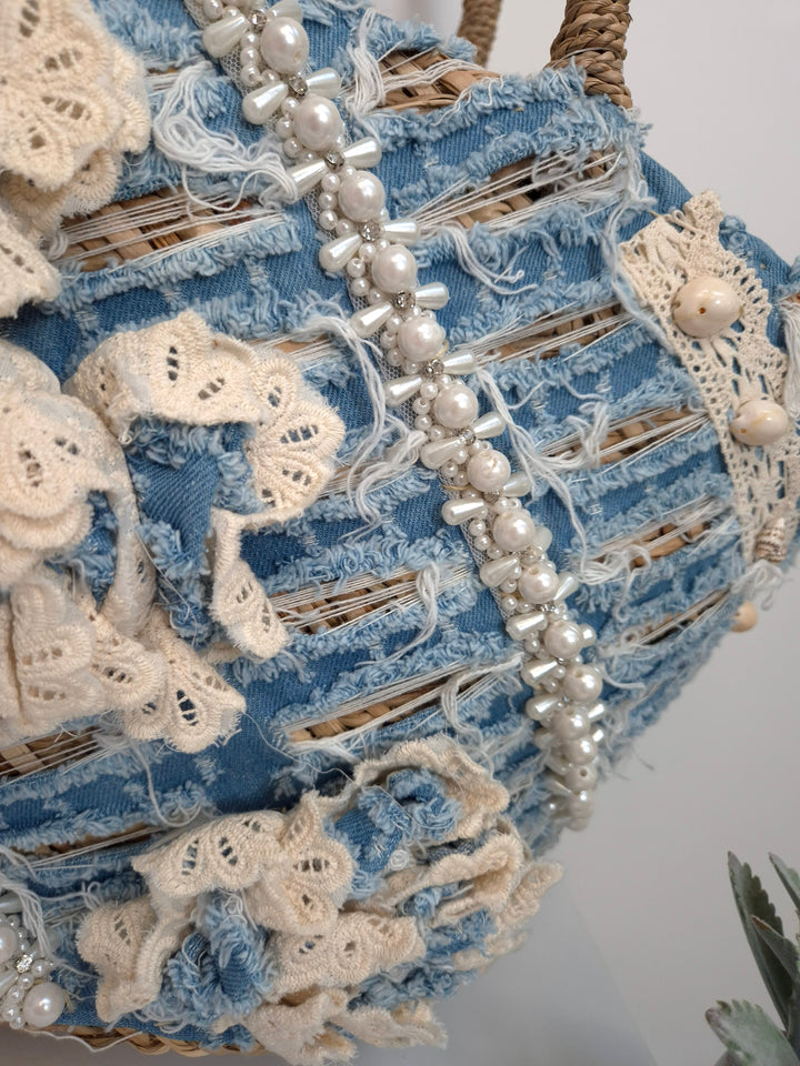 Stonewashed Denim Beach Bag with Pearls and Crystals