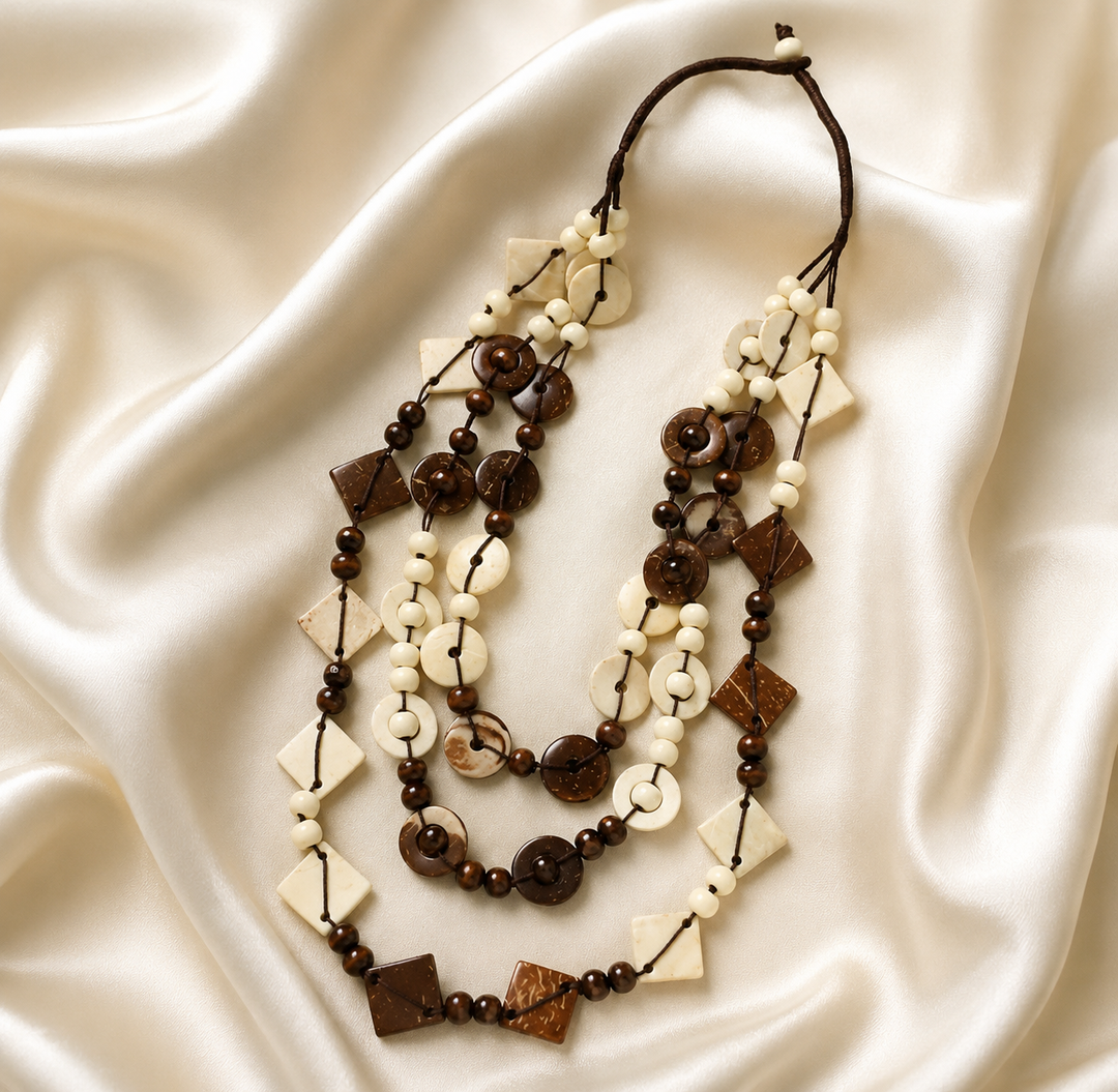 Statement Necklace - 3 Strands with Chunky Beads - Chocolates/Naturals/Creams