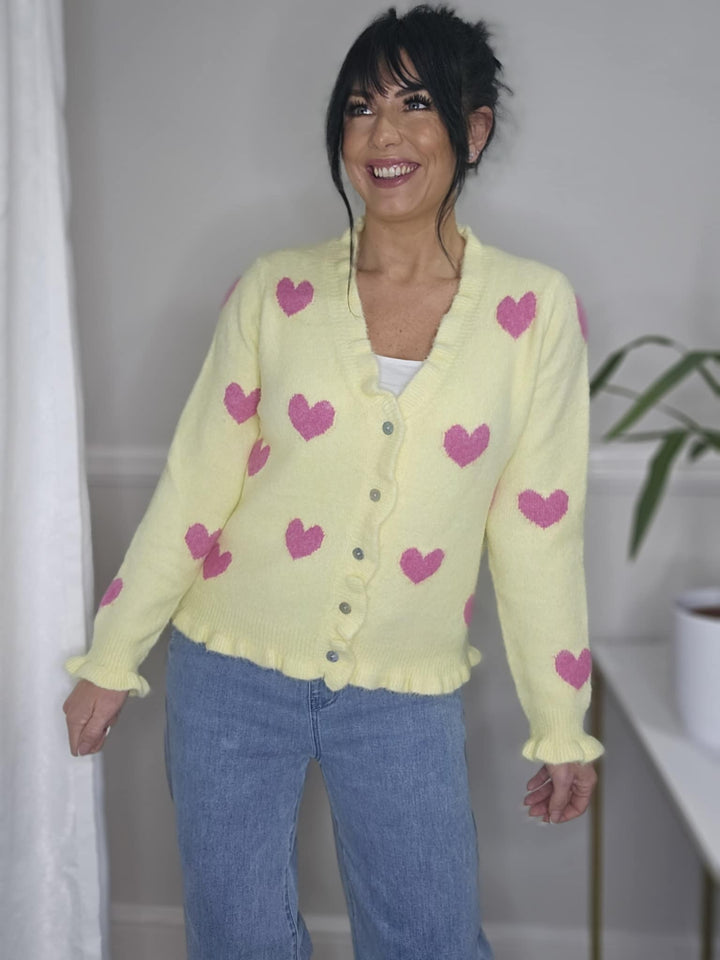 Hattie Hearts Ruffled Cardigan (One Size from Size 8 up to Size 16) - Lemon/Pink